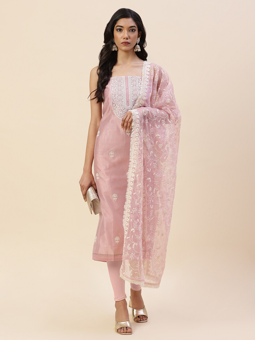 

Meena Bazaar Pink & White Embroidered Pure Silk Unstitched Dress Material