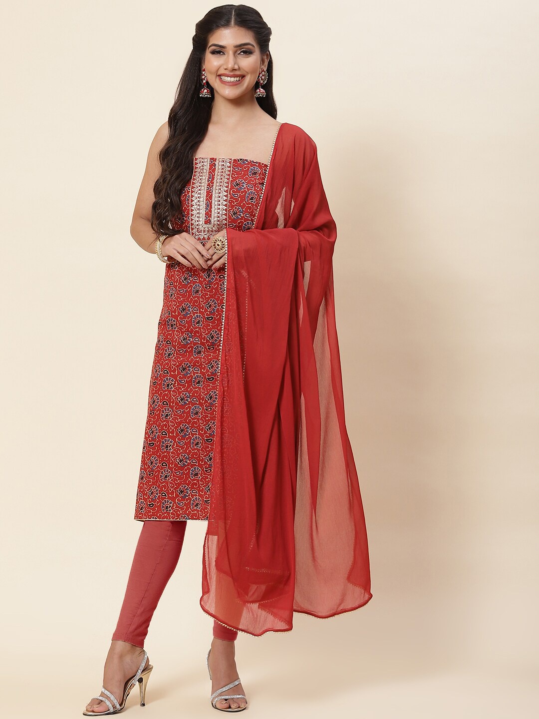 

Meena Bazaar Maroon & Grey Embroidered Pure Cotton Unstitched Dress Material