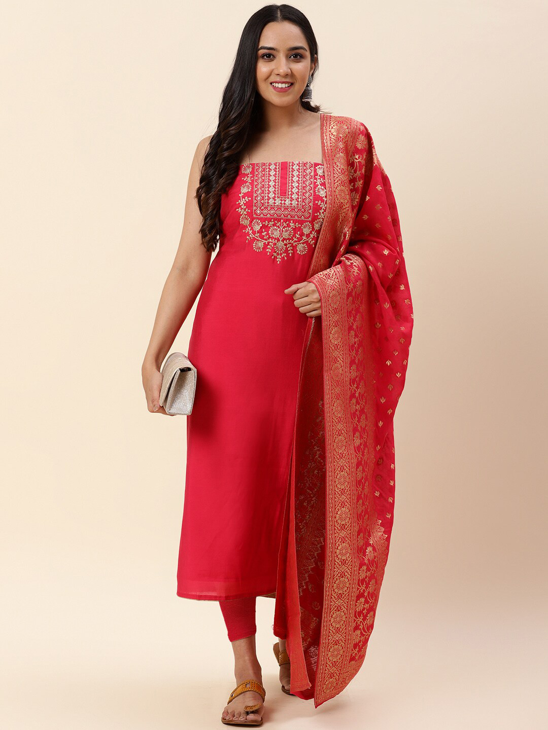 

Meena Bazaar Maroon & Gold-Toned Embroidered Pure Silk Unstitched Dress Material