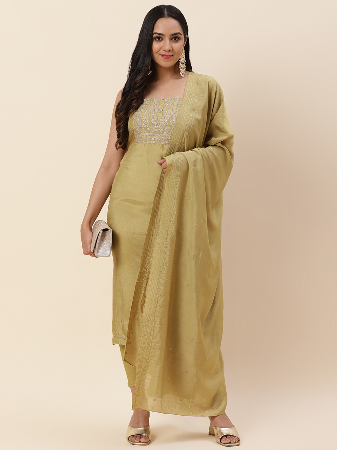 

Meena Bazaar Green & Gold-Toned Embroidered Pure Silk Unstitched Dress Material