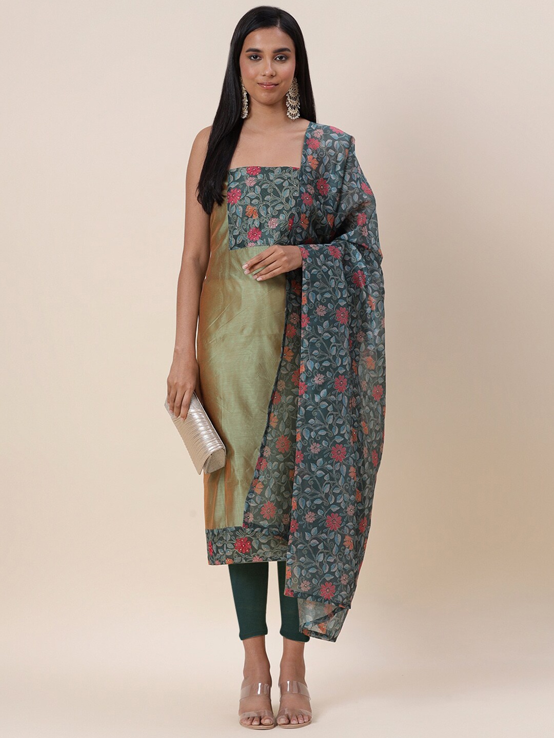 

Meena Bazaar Green & Blue Embroidered Pure Silk Unstitched Dress Material