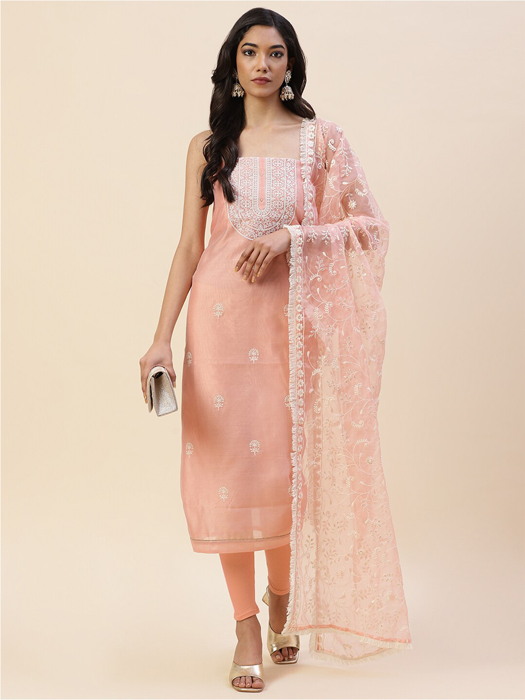 

Meena Bazaar Peach-Coloured & White Embroidered Pure Silk Unstitched Dress Material