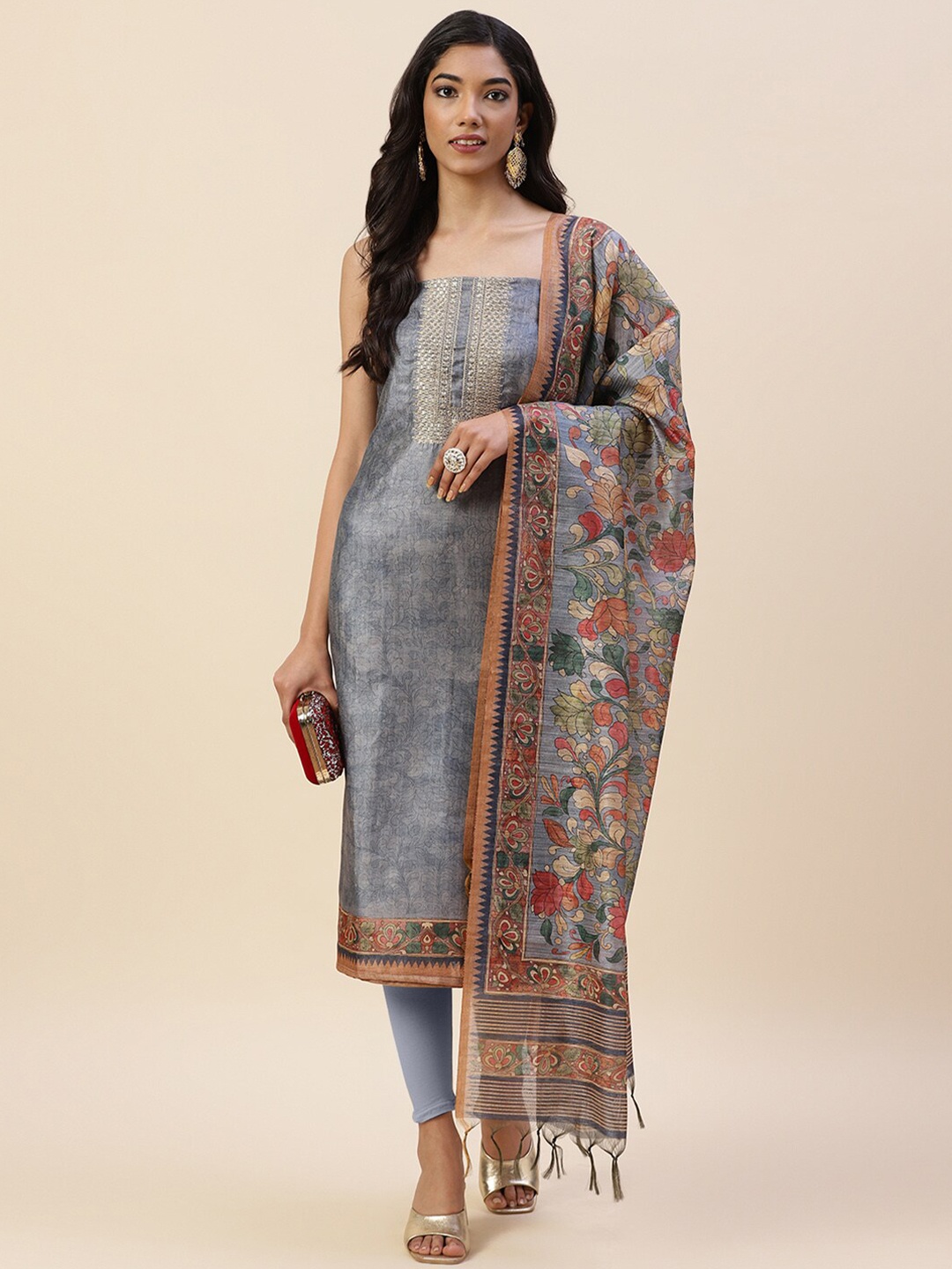 

Meena Bazaar Grey & Red Embroidered Pure Silk Unstitched Dress Material