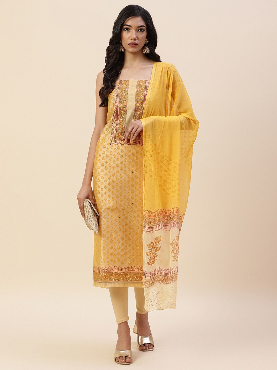 

Meena Bazaar Yellow & Red Printed Pure Silk Unstitched Dress Material