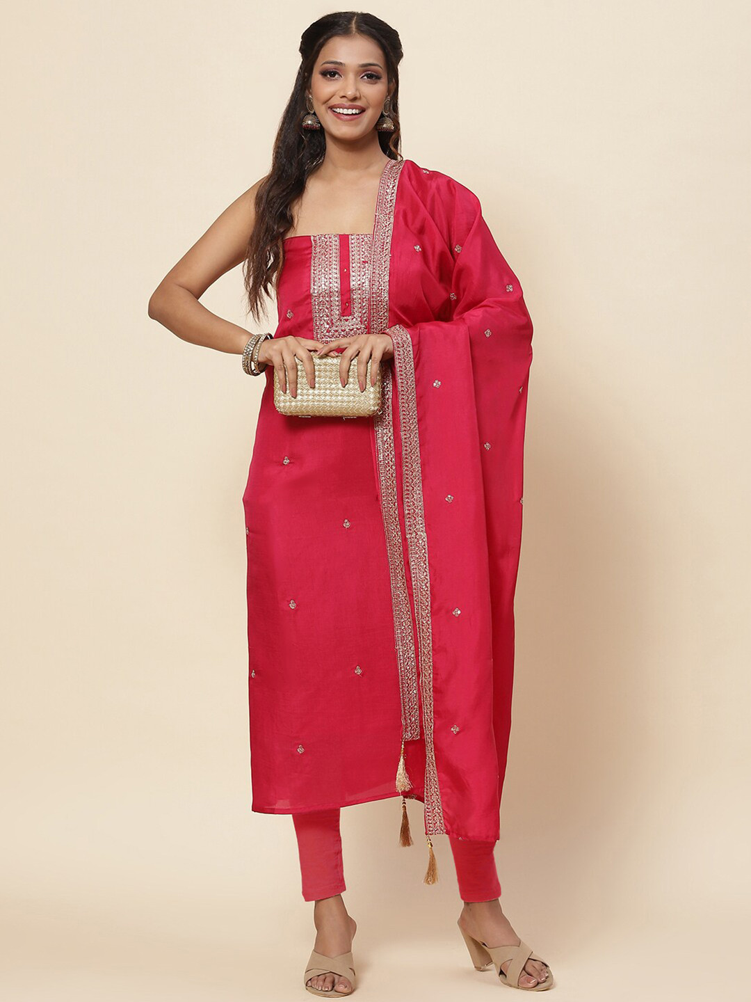 

Meena Bazaar Pink & Gold-Toned Embroidered Pure Silk Unstitched Dress Material