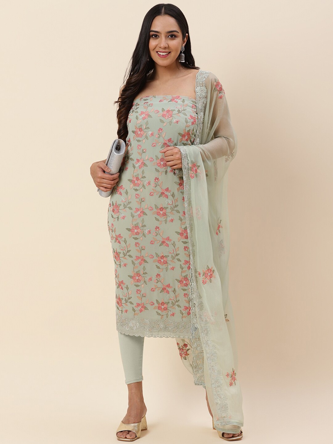 

Meena Bazaar Green & Pink Embroidered Silk Georgette Unstitched Dress Material