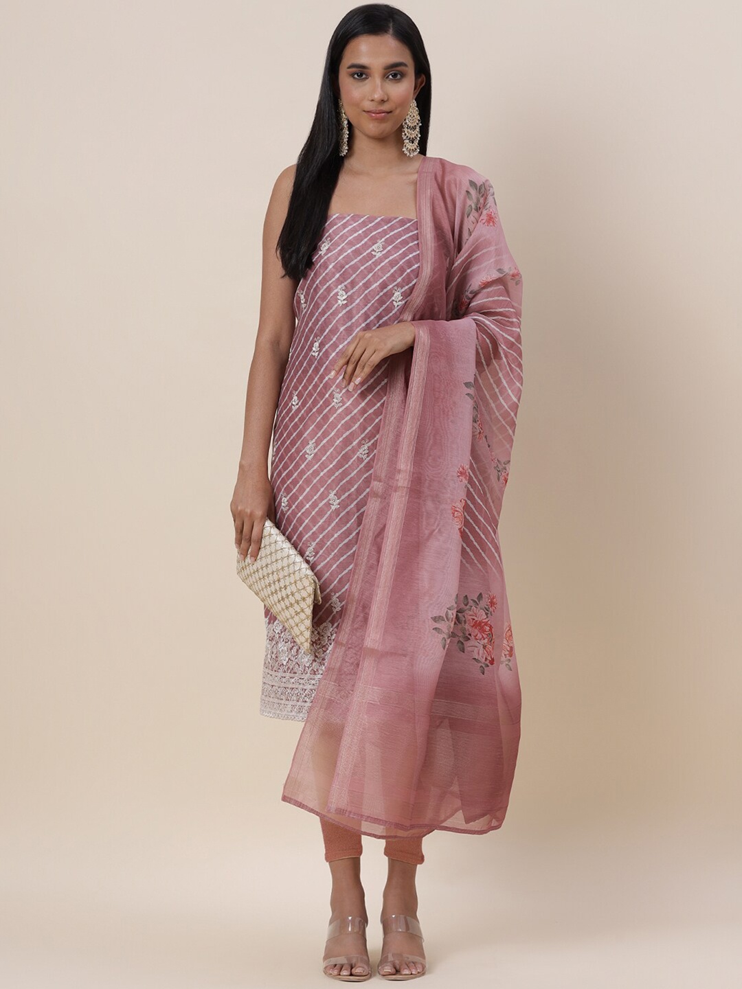 

Meena Bazaar Pink & White Printed Pure Silk Unstitched Dress Material