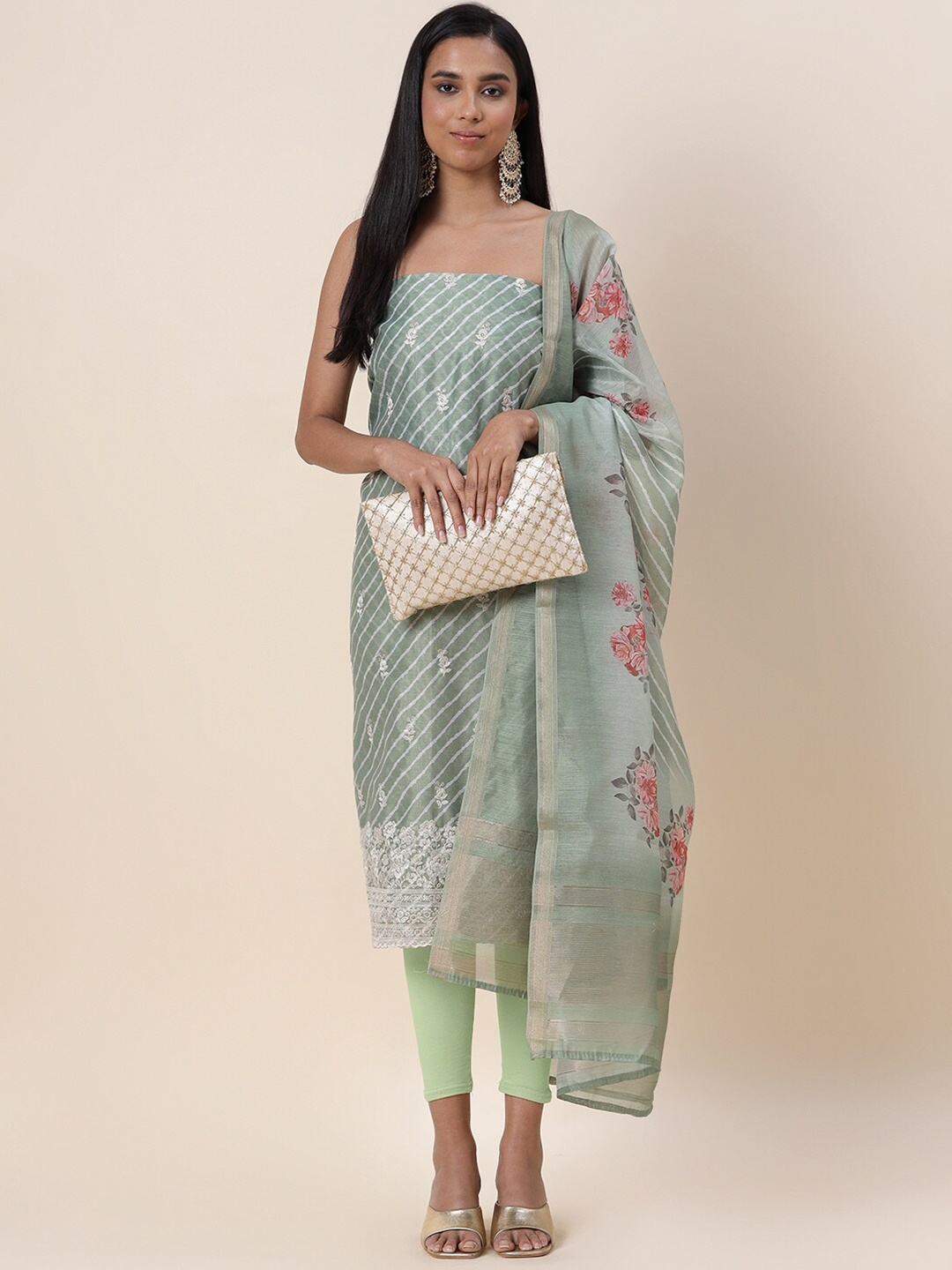 

Meena Bazaar Green & Pink Printed Pure Silk Unstitched Dress Material