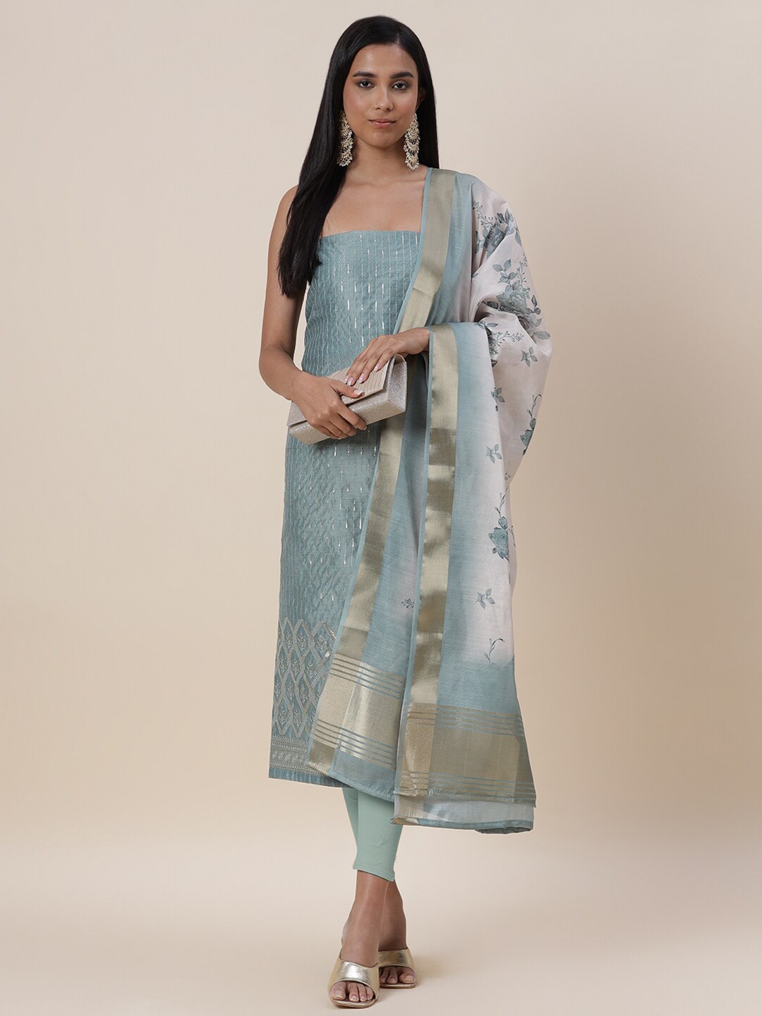 

Meena Bazaar Green & Gold-Toned Printed Pure Silk Unstitched Dress Material
