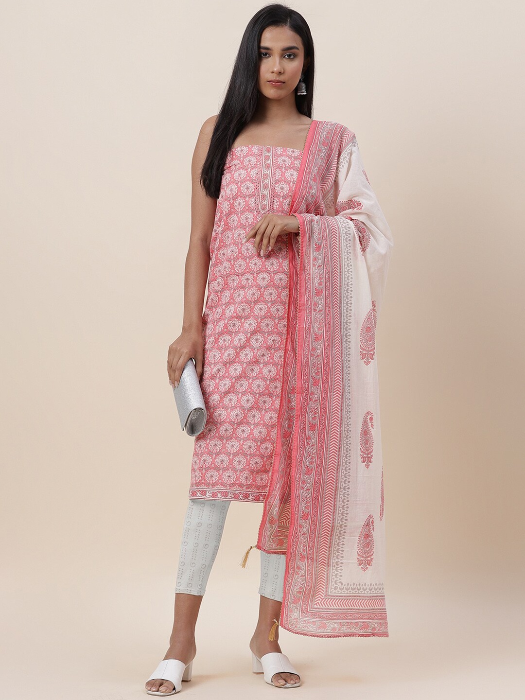 

Meena Bazaar Pink & White Printed Pure Cotton Unstitched Dress Material