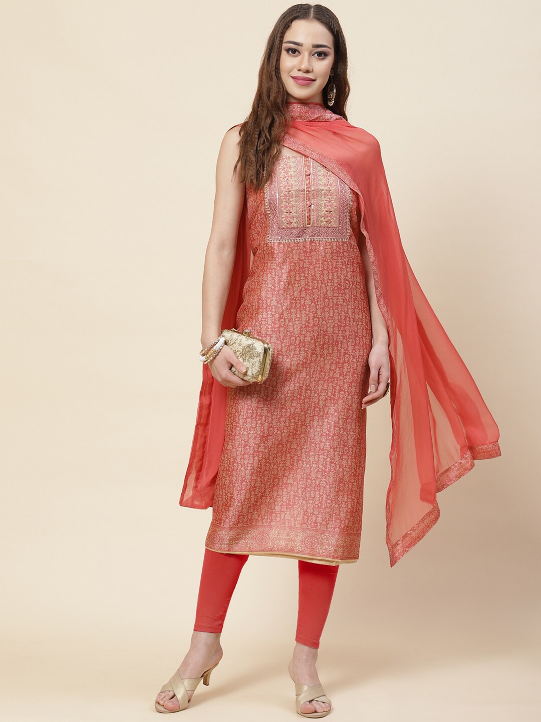 

Meena Bazaar Coral & Beige Embroidered Pure Silk Unstitched Dress Material