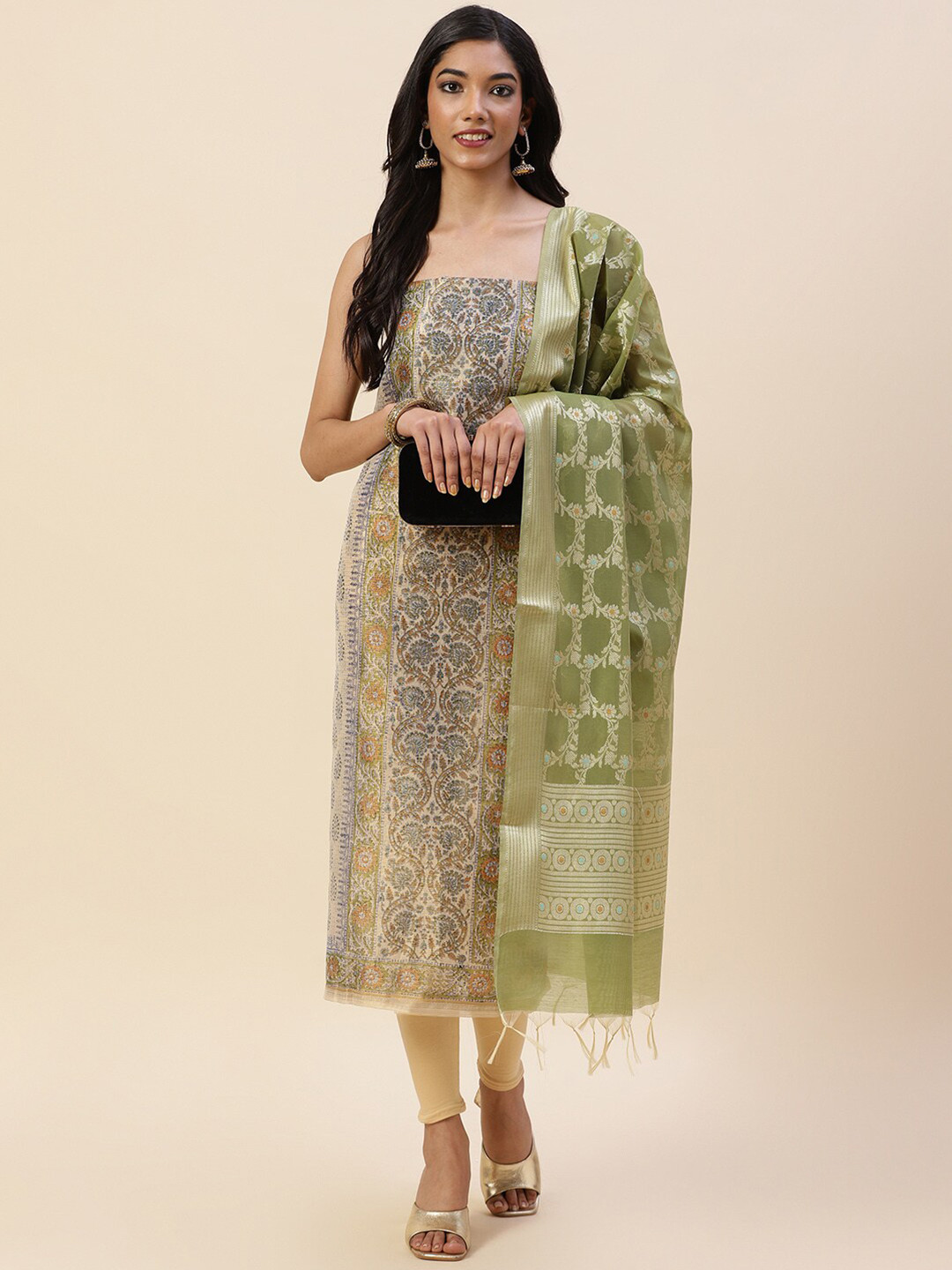 

Meena Bazaar Beige & Green Printed Pure Silk Unstitched Dress Material