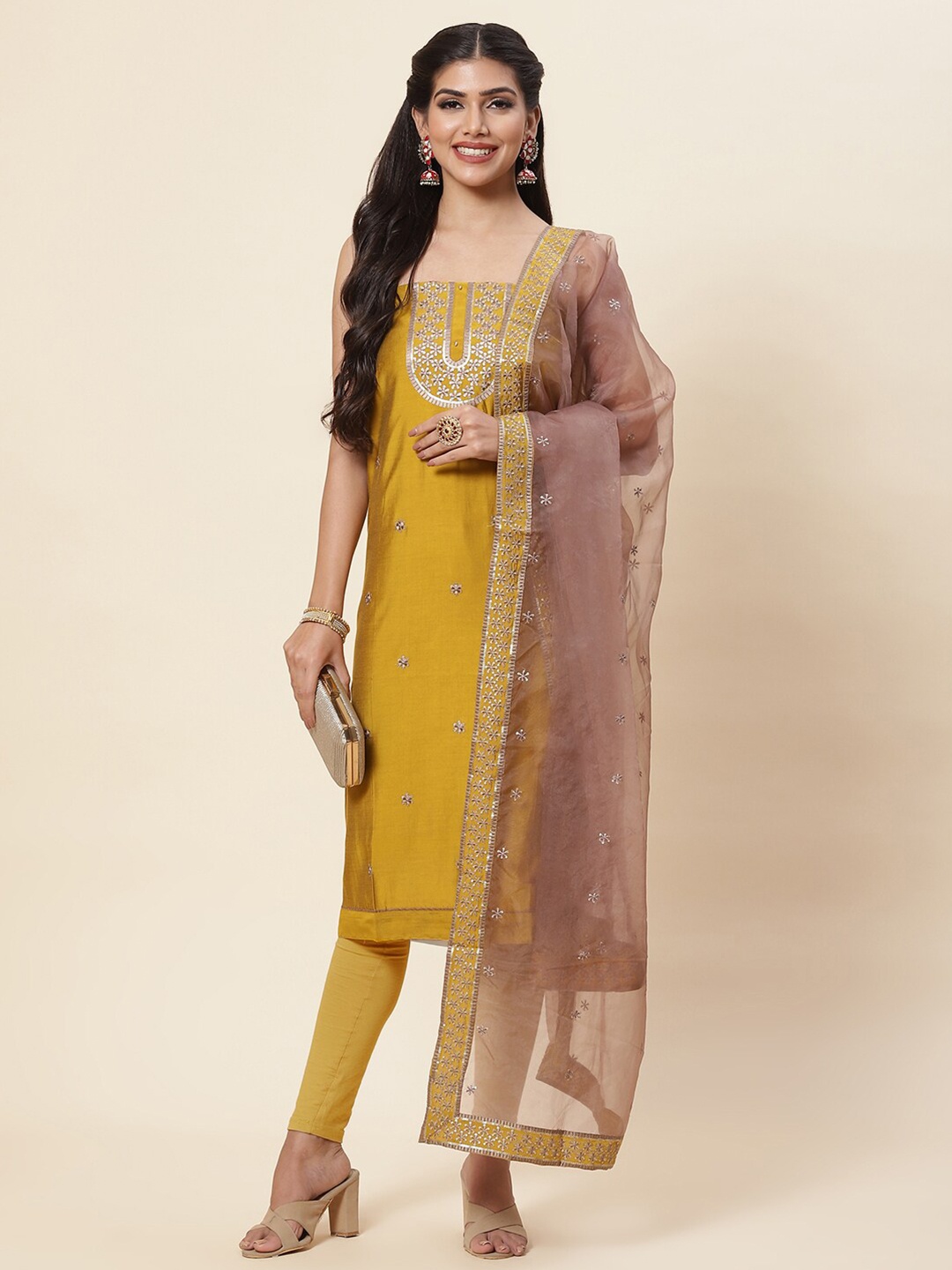 

Meena Bazaar Mustard & Silver-Toned Embroidered Pure Silk Unstitched Dress Material