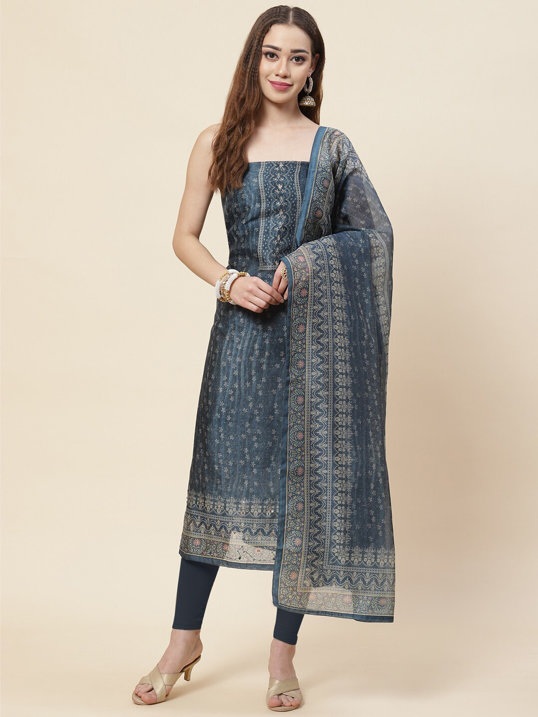 

Meena Bazaar Blue & White Printed Pure Silk Unstitched Dress Material