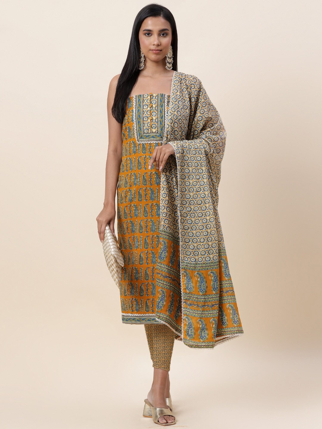 

Meena Bazaar Mustard & Blue Printed Pure Cotton Unstitched Dress Material