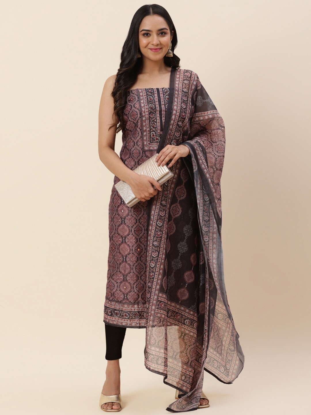 

Meena Bazaar Brown & Grey Printed Pure Silk Unstitched Dress Material