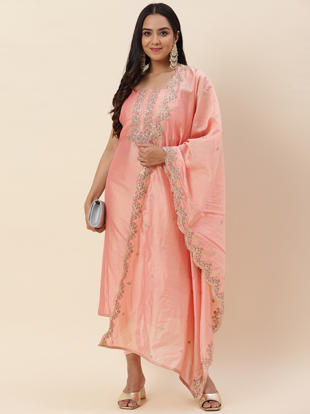 

Meena Bazaar Pink & Green Embroidered Pure Silk Unstitched Dress Material