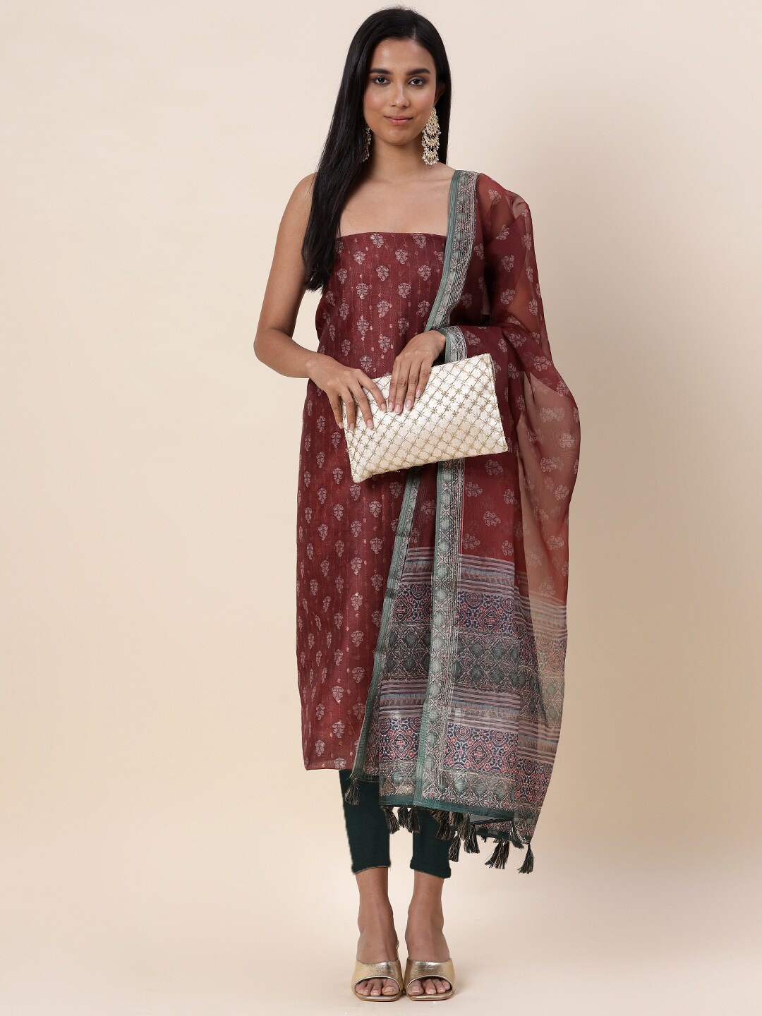 

Meena Bazaar Ethnic Motifs Printed Pure Silk Unstitched Dress Material, Maroon