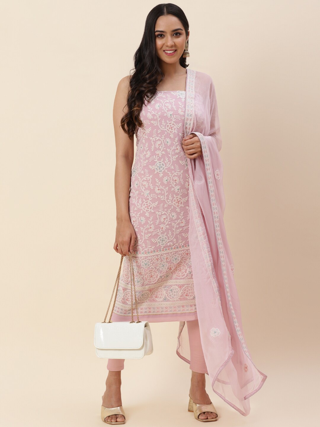 

Meena Bazaar Pink & White Embroidered Silk Georgette Unstitched Dress Material