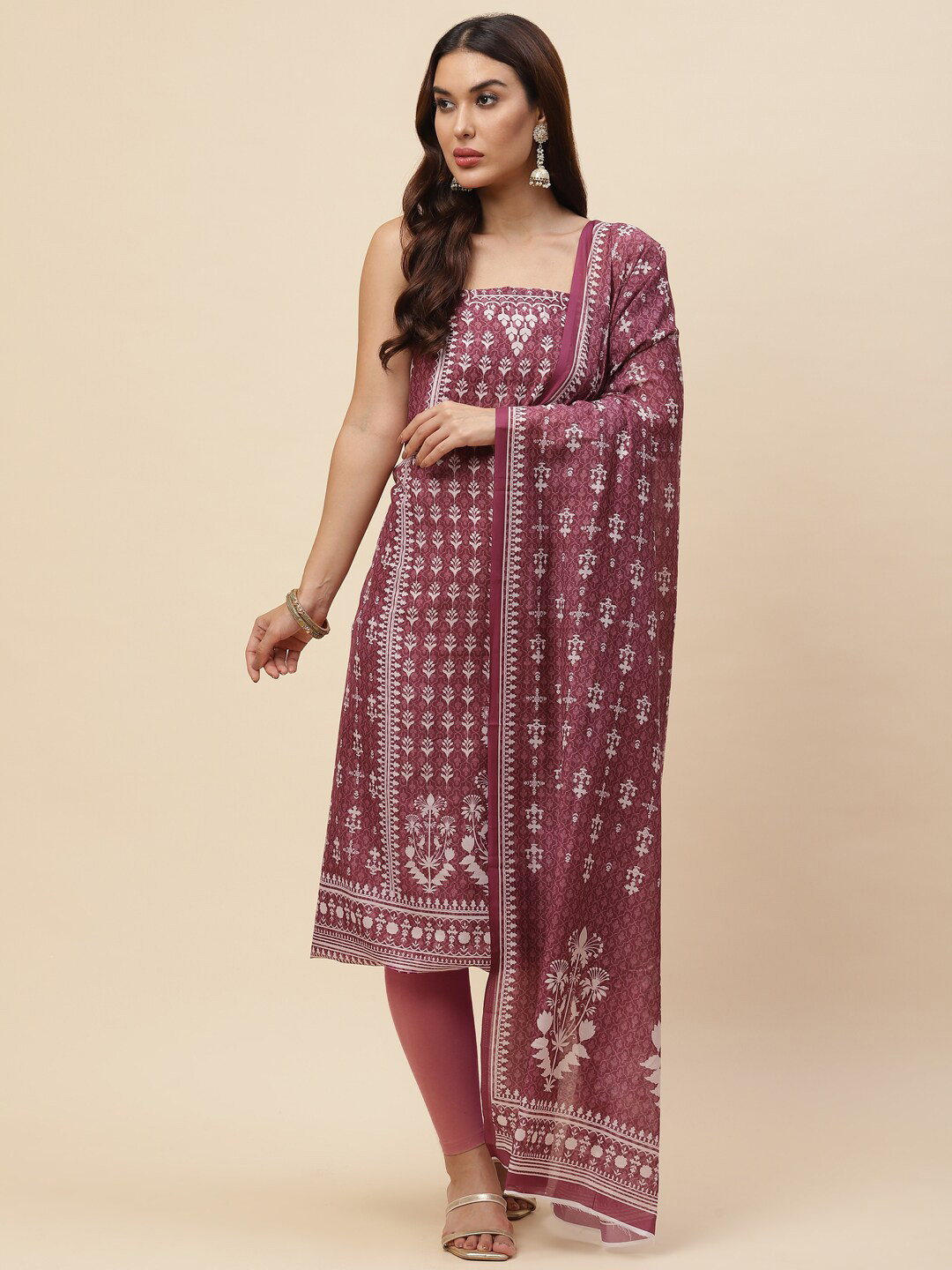 

Meena Bazaar Burgundy & White Printed Silk Crepe Unstitched Dress Material