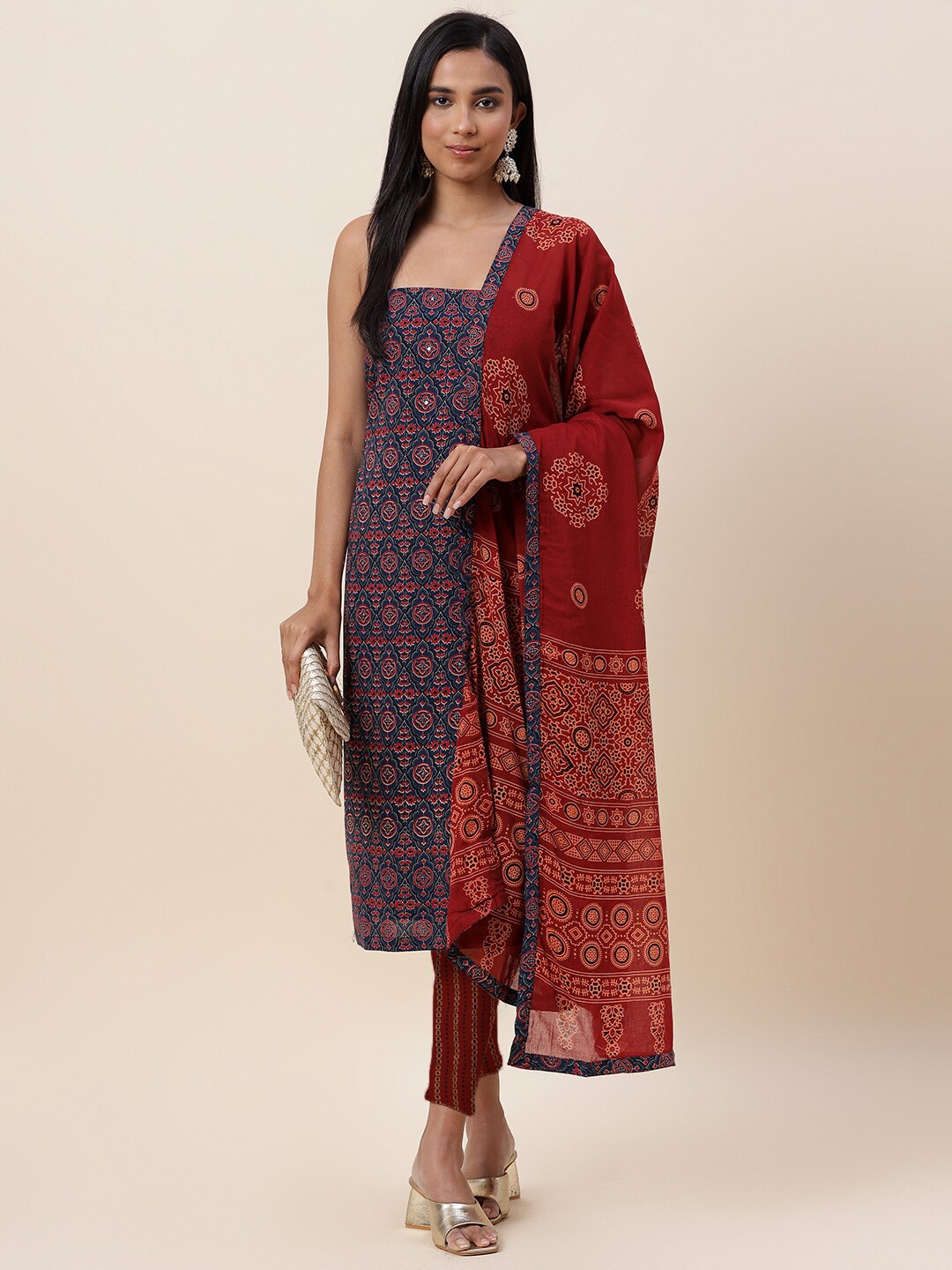 

Meena Bazaar Blue & Red Printed Pure Cotton Unstitched Dress Material