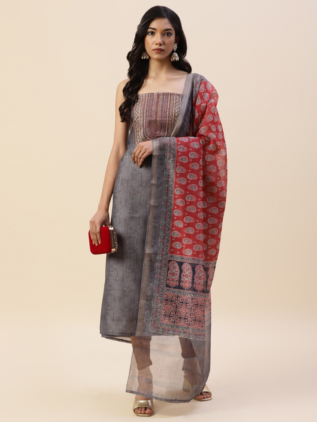 

Meena Bazaar Embroidered Pure Silk Unstitched Dress Material, Grey