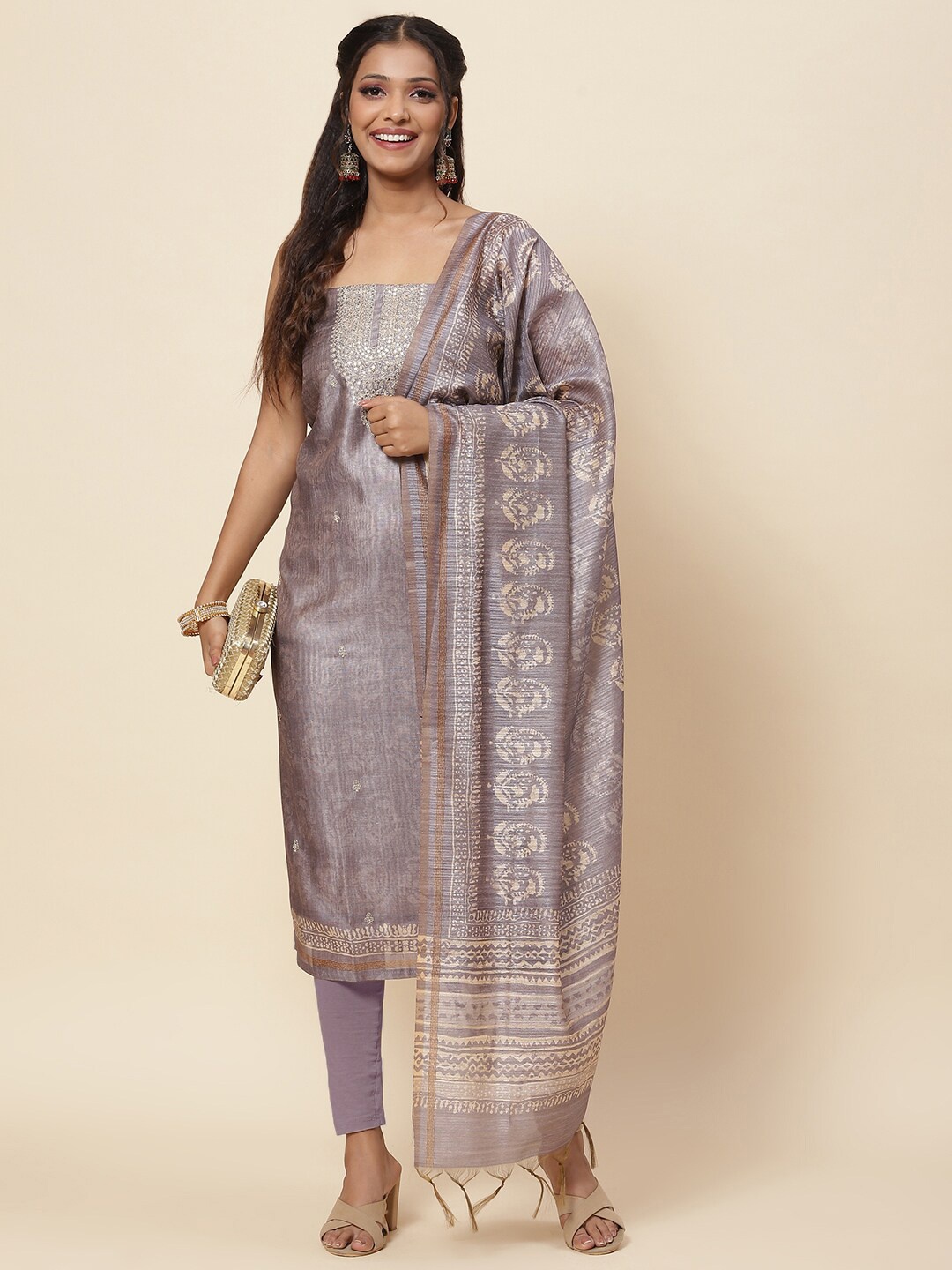 

Meena Bazaar Grey & Gold-Toned Embroidered Pure Silk Unstitched Dress Material