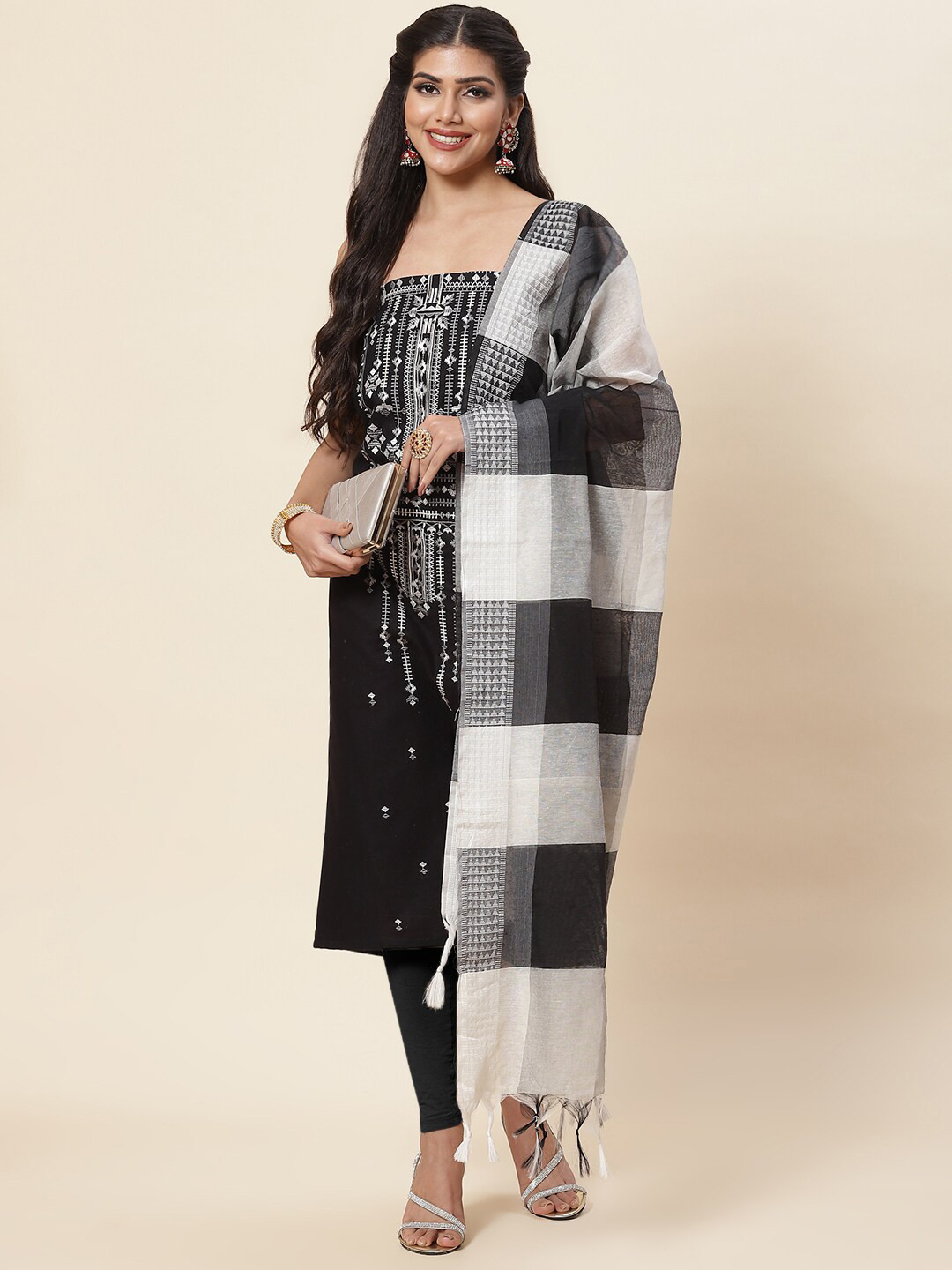 

Meena Bazaar Black & White Embroidered Pure Cotton Unstitched Dress Material