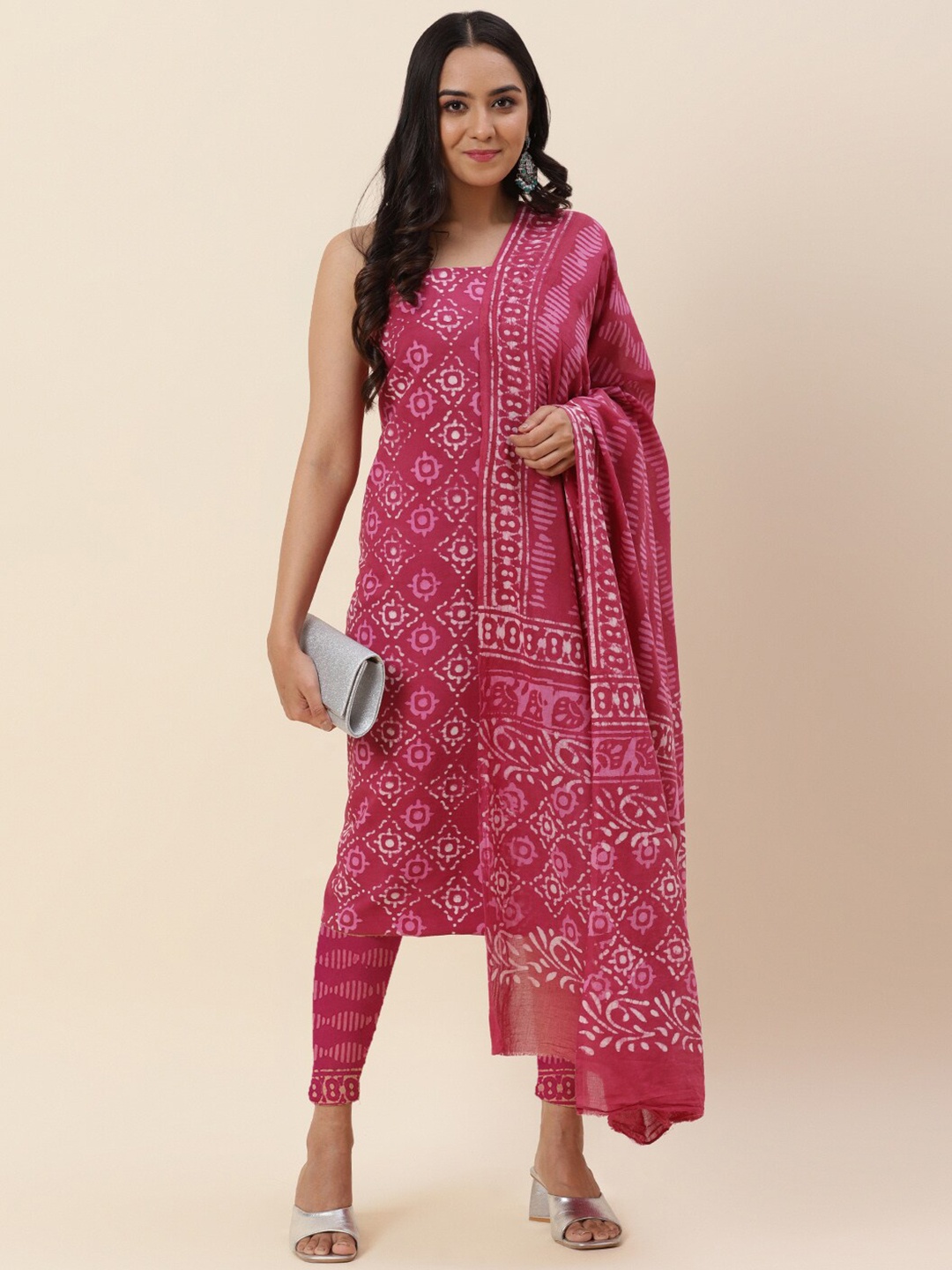 

Meena Bazaar Pink & White Printed Pure Cotton Unstitched Dress Material