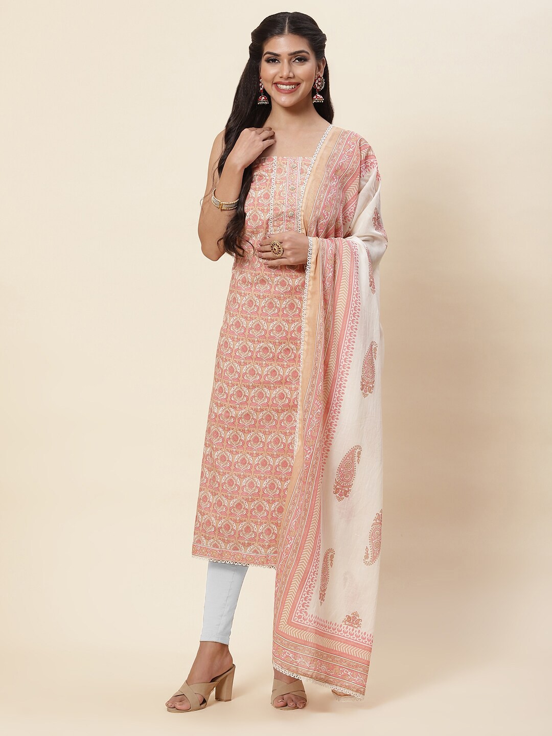 

Meena Bazaar Peach-Coloured & White Printed Pure Cotton Unstitched Dress Material