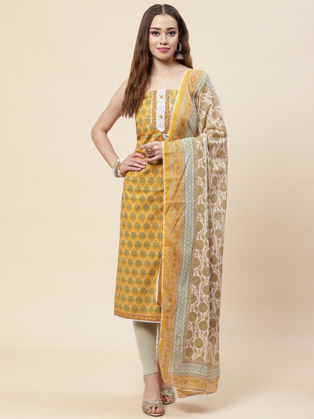 

Meena Bazaar Mustard & White Printed Pure Cotton Unstitched Dress Material