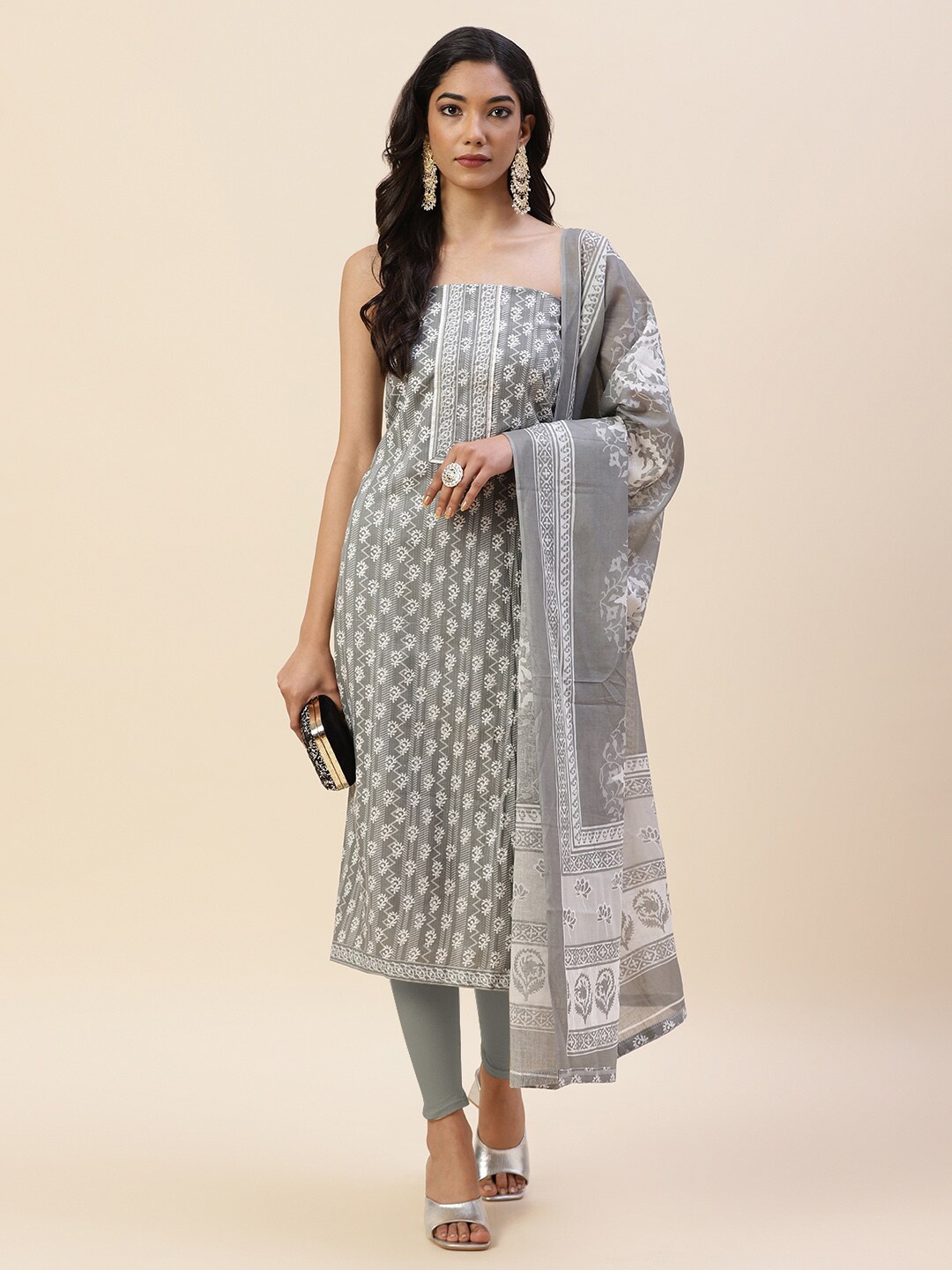 

Meena Bazaar Grey & White Printed Pure Cotton Unstitched Dress Material