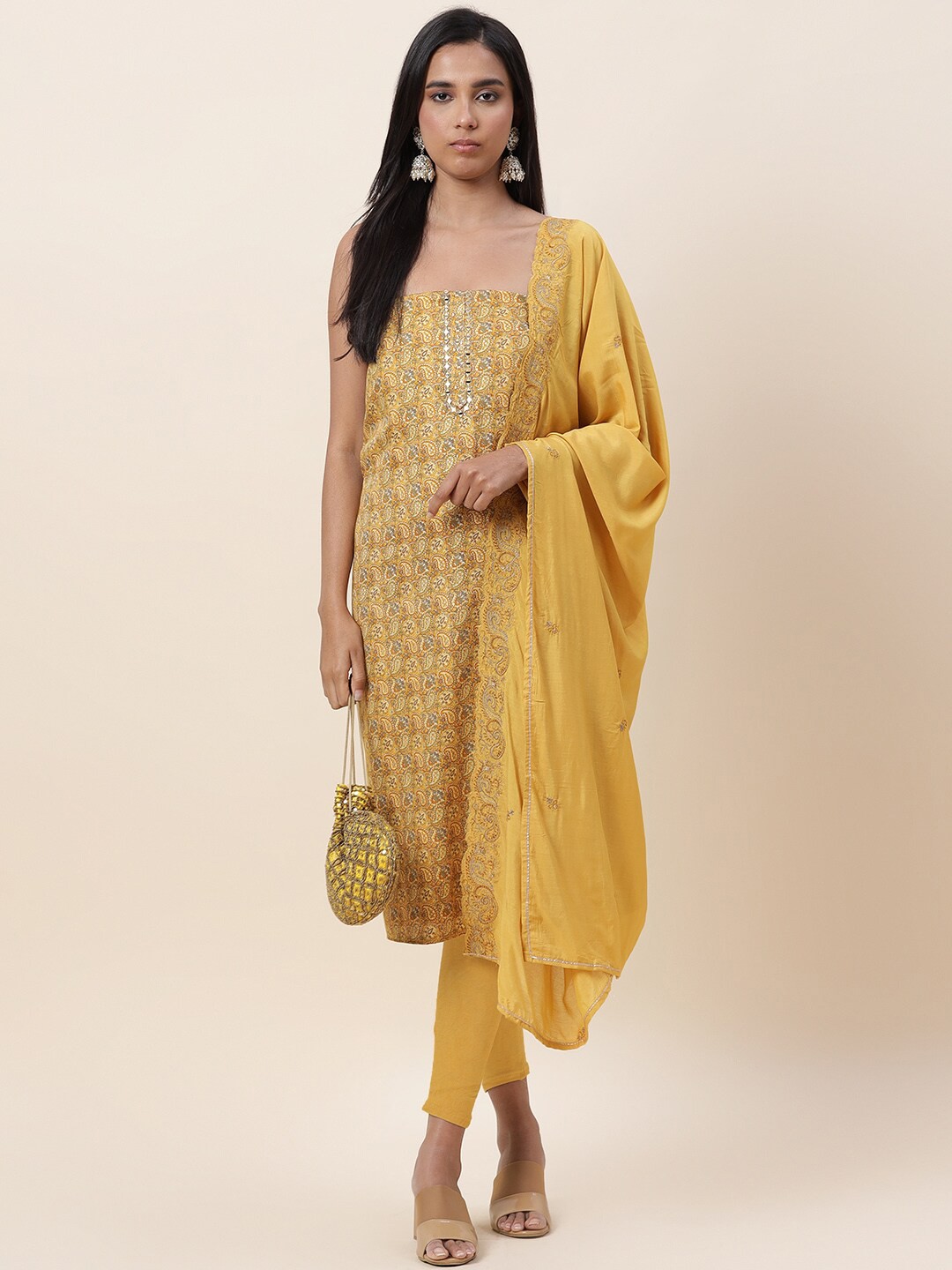 

Meena Bazaar Mustard & Grey Printed Pure Cotton Unstitched Dress Material