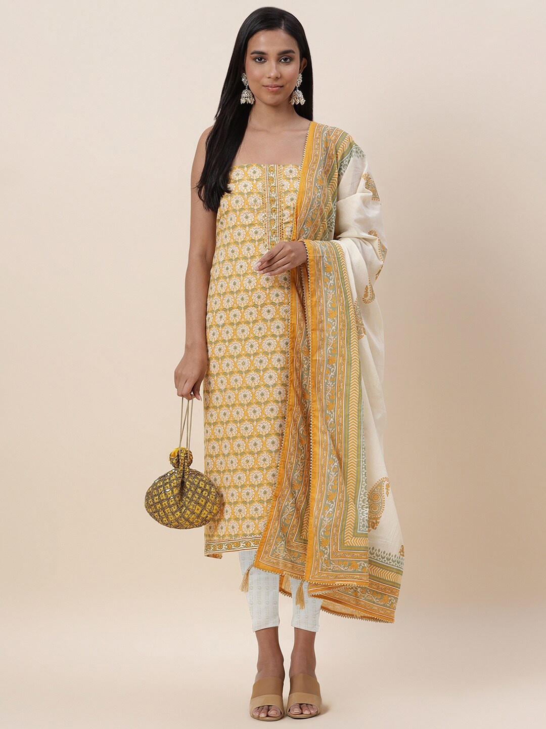 

Meena Bazaar Yellow & Green Printed Pure Cotton Unstitched Dress Material