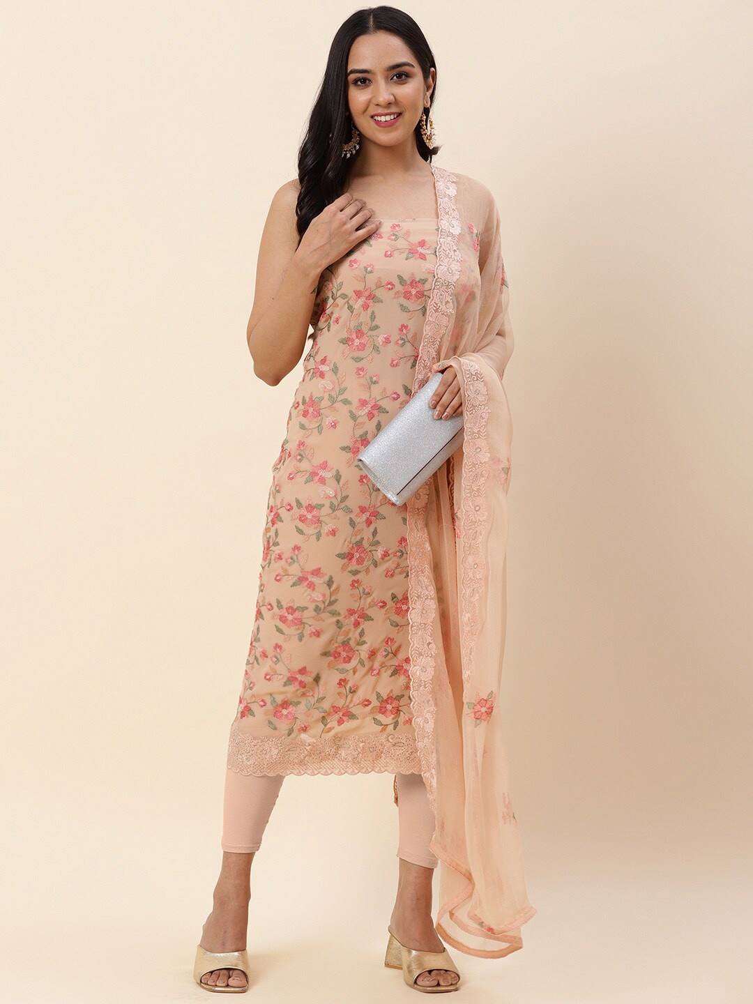 

Meena Bazaar Peach-Coloured & Green Embroidered Silk Georgette Unstitched Dress Material