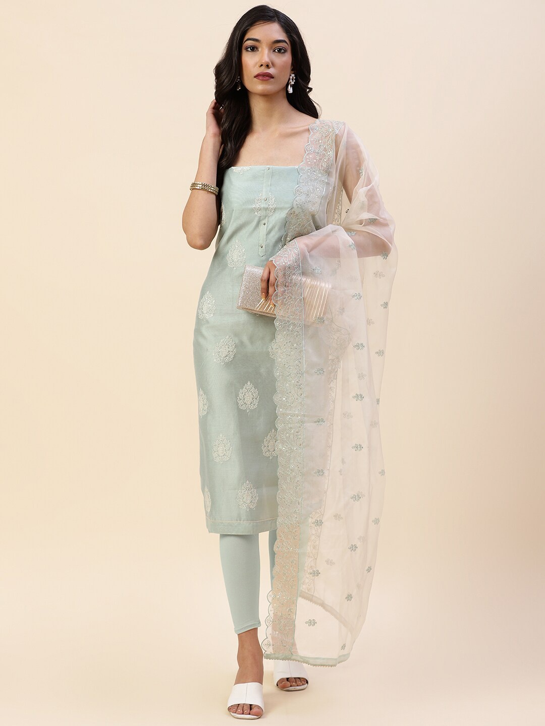 

Meena Bazaar Green & White Embroidered Pure Silk Unstitched Dress Material