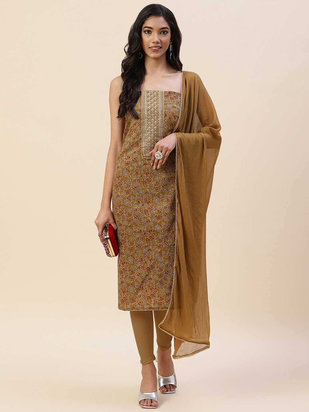 

Meena Bazaar Green & Red Embroidered Pure Cotton Unstitched Dress Material