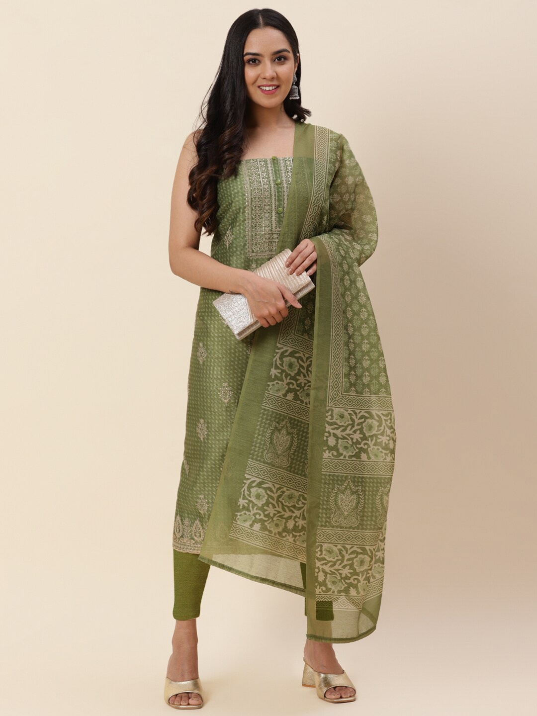 

Meena Bazaar Green & White Printed Pure Silk Unstitched Dress Material