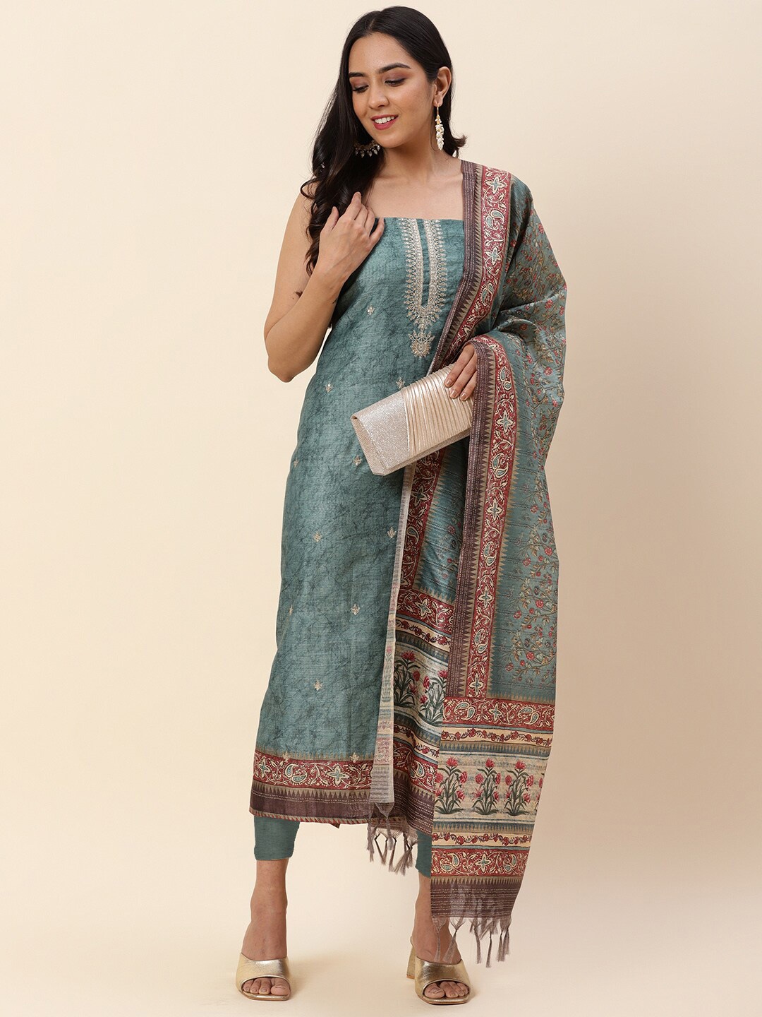 

Meena Bazaar Green & Red Embroidered Pure Silk Unstitched Dress Material