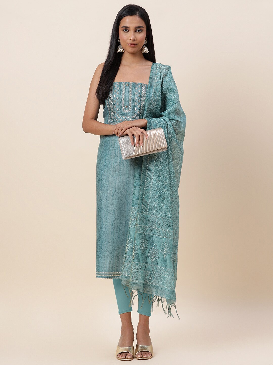 

Meena Bazaar Green & White Embroidered Pure Silk Unstitched Dress Material