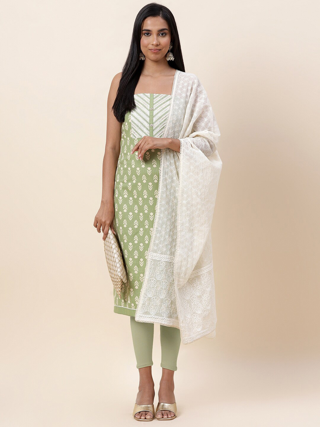 

Meena Bazaar Green & White Printed Pure Cotton Unstitched Dress Material