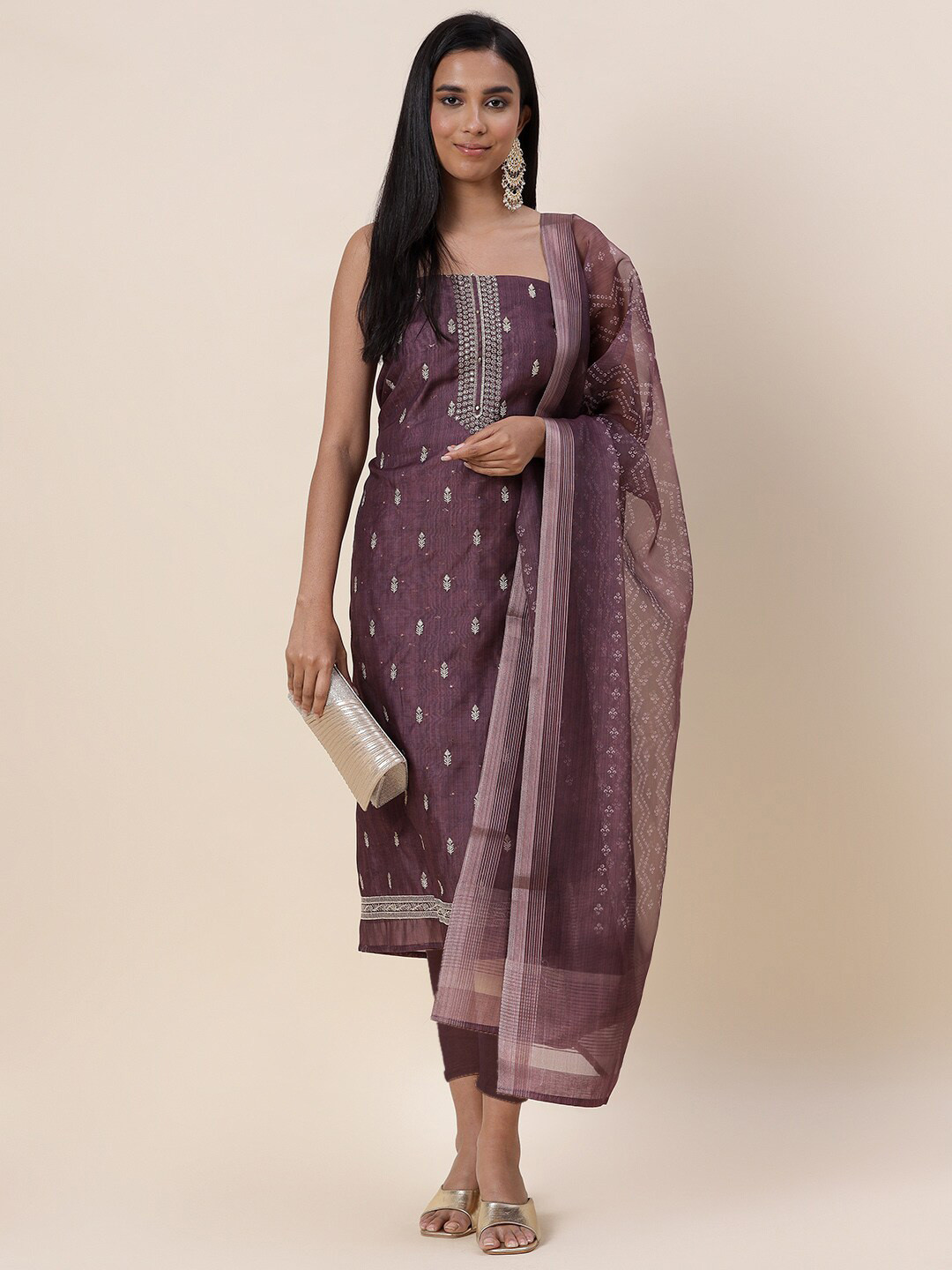 

Meena Bazaar Burgundy & Silver-Toned Embroidered Pure Silk Unstitched Dress Material