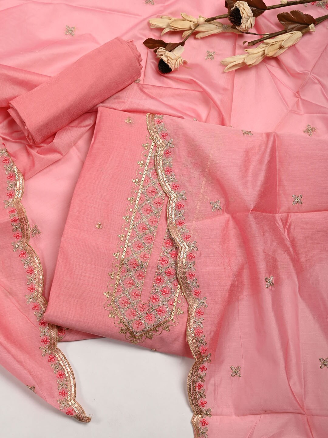 

Meena Bazaar Pink & Gold-Toned Embroidered Pure Silk Unstitched Dress Material