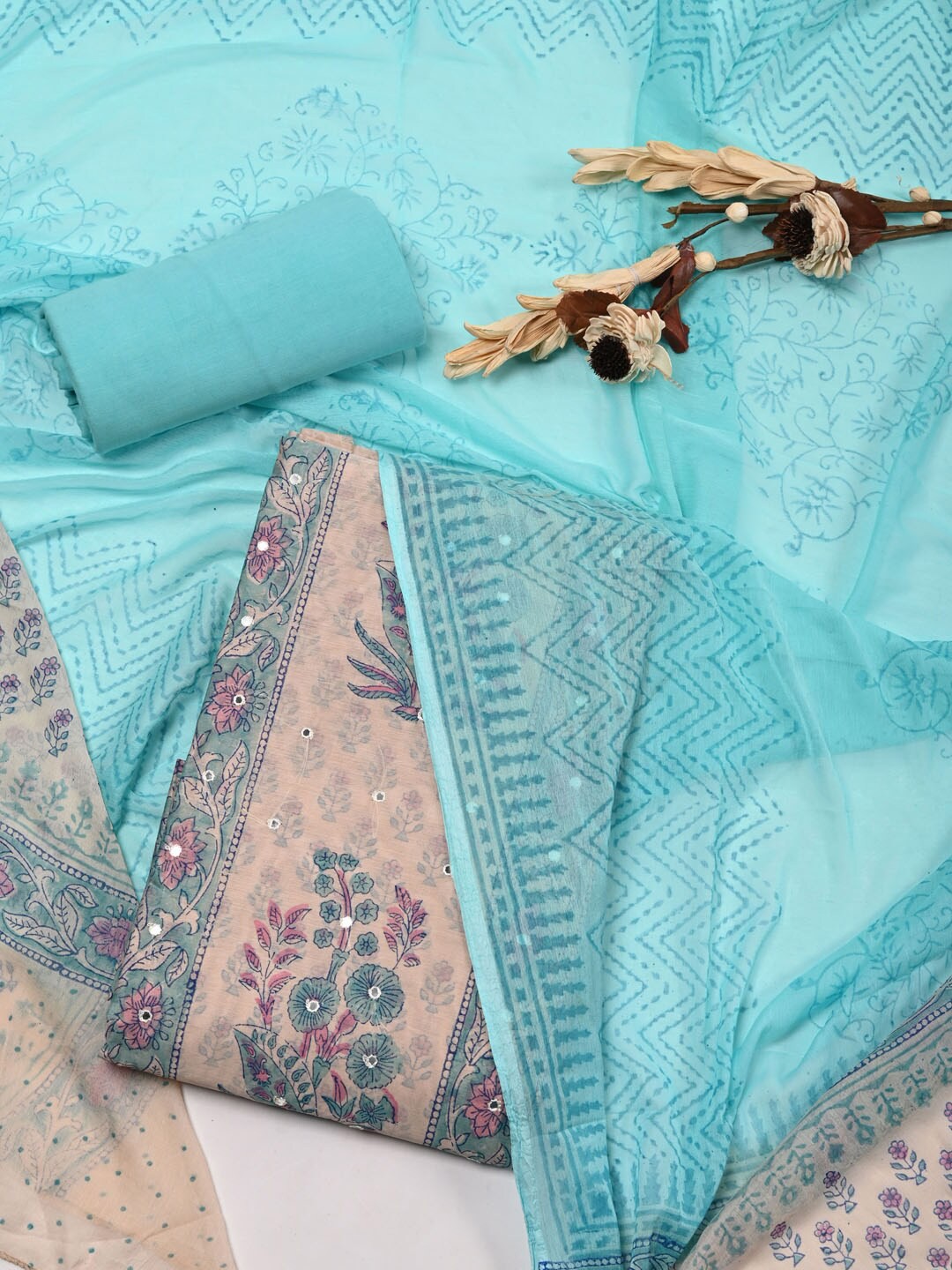 

Meena Bazaar Beige & Blue Printed Pure Silk Unstitched Dress Material