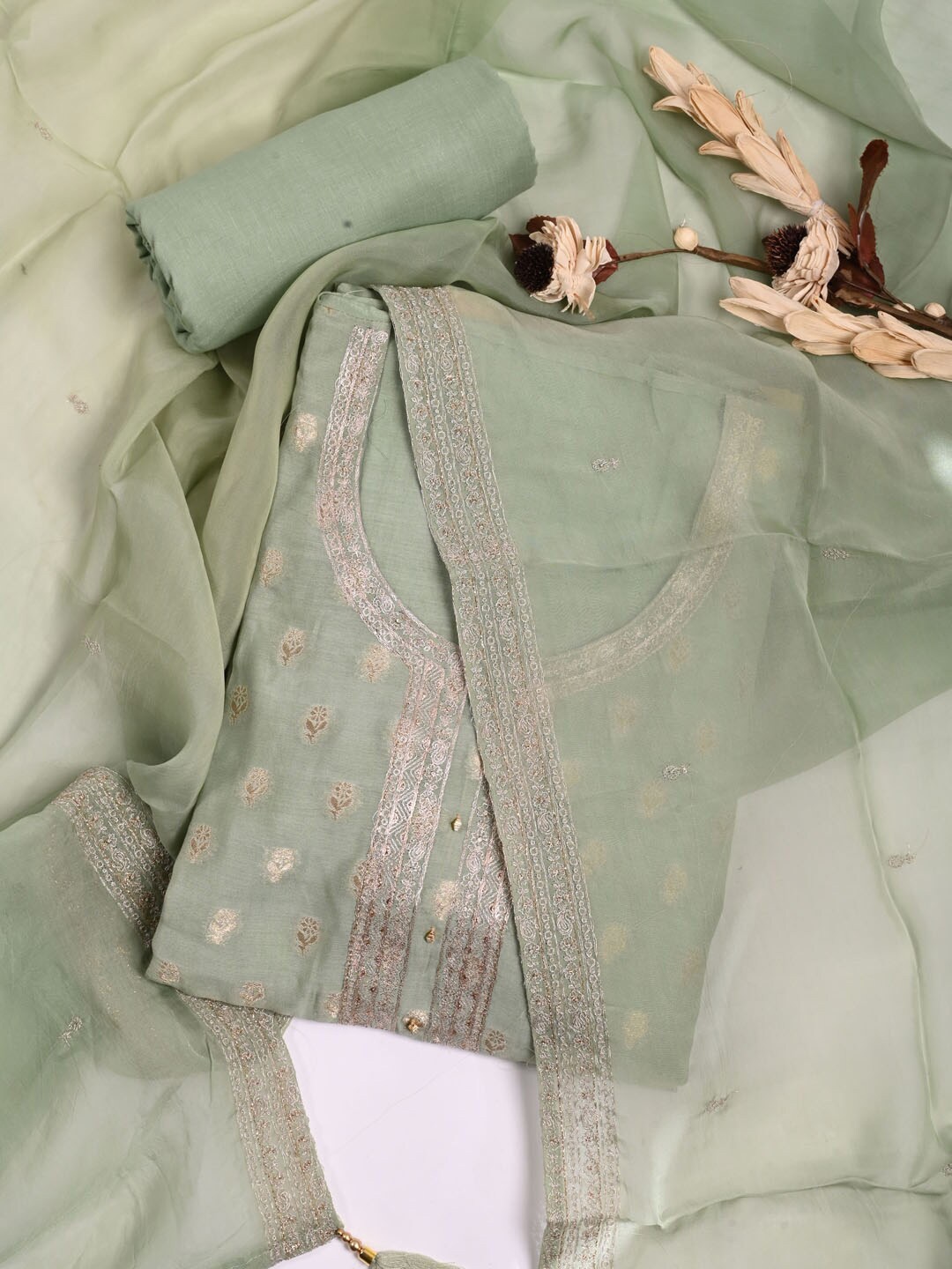 

Meena Bazaar Green & Gold-Toned Embroidered Pure Silk Unstitched Dress Material