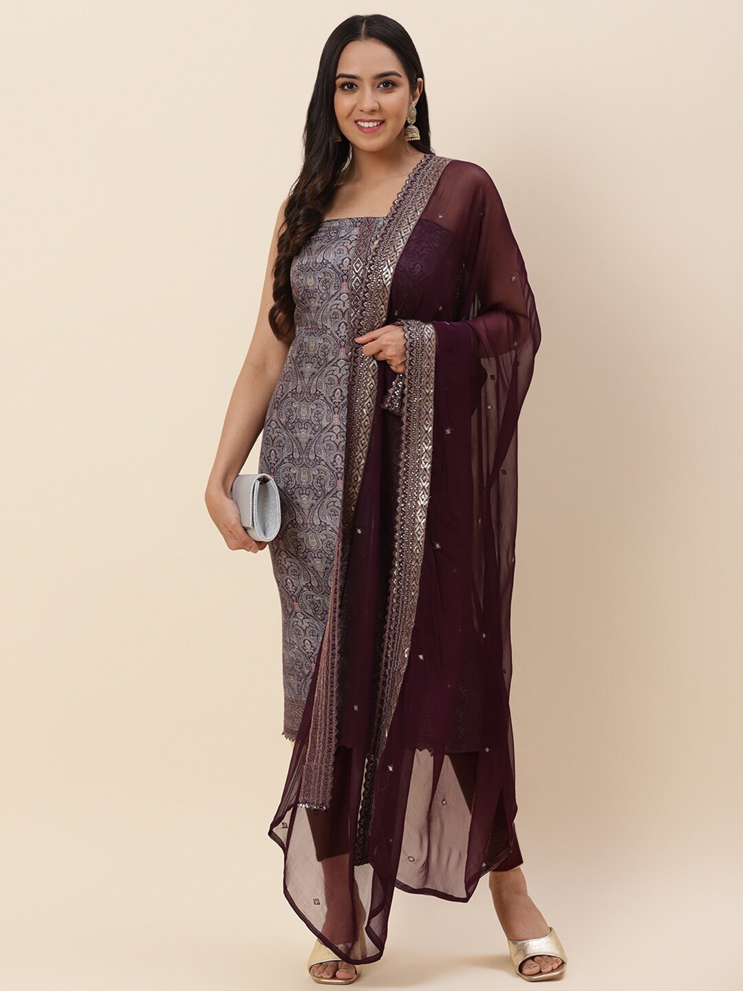 

Meena Bazaar Purple & Grey Embroidered Pure Cotton Unstitched Dress Material