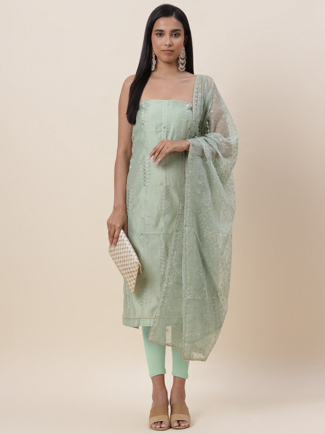 

Meena Bazaar Green Embroidered Pure Silk Unstitched Dress Material