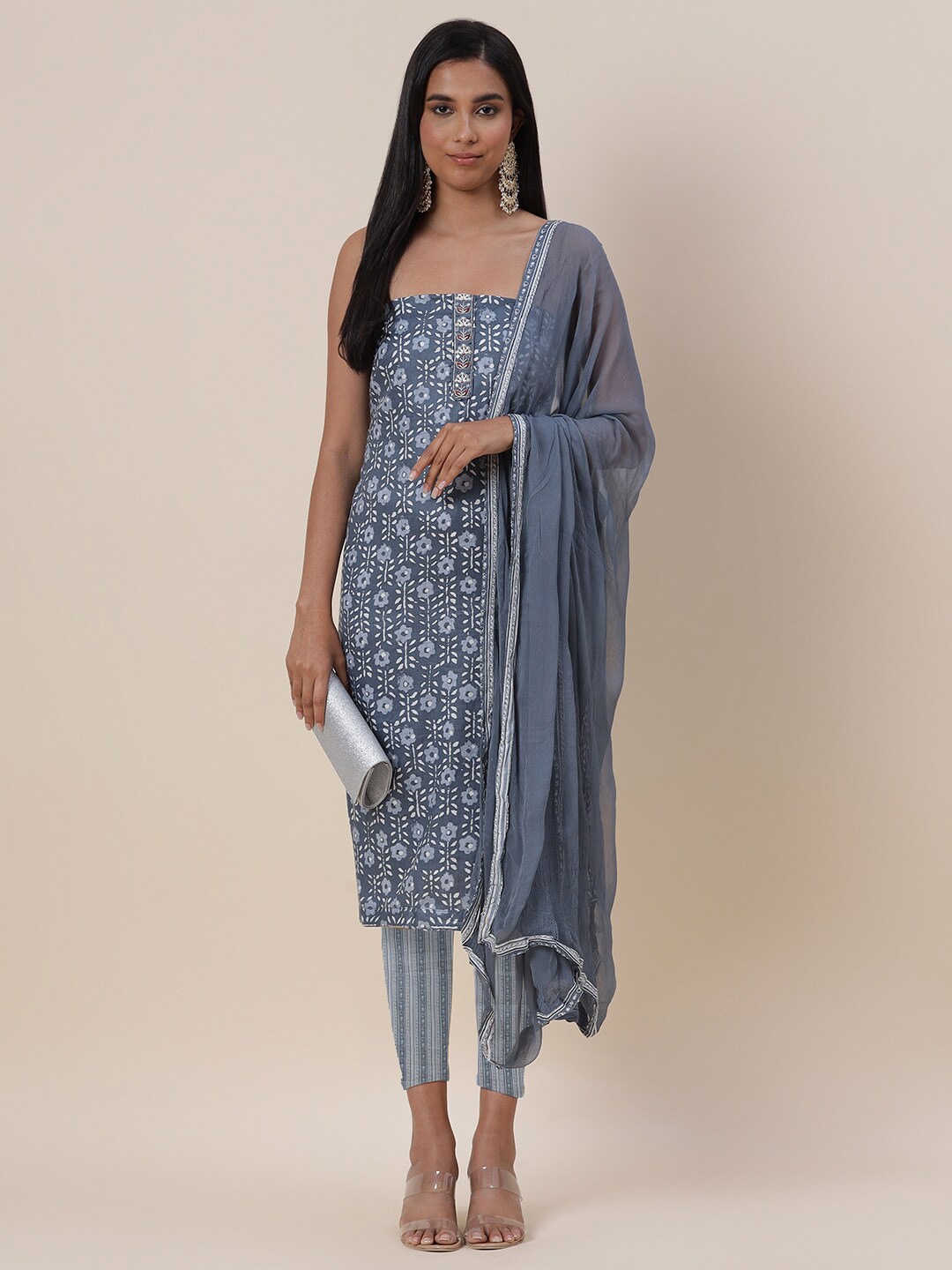 

Meena Bazaar Blue & White Printed Pure Cotton Unstitched Dress Material