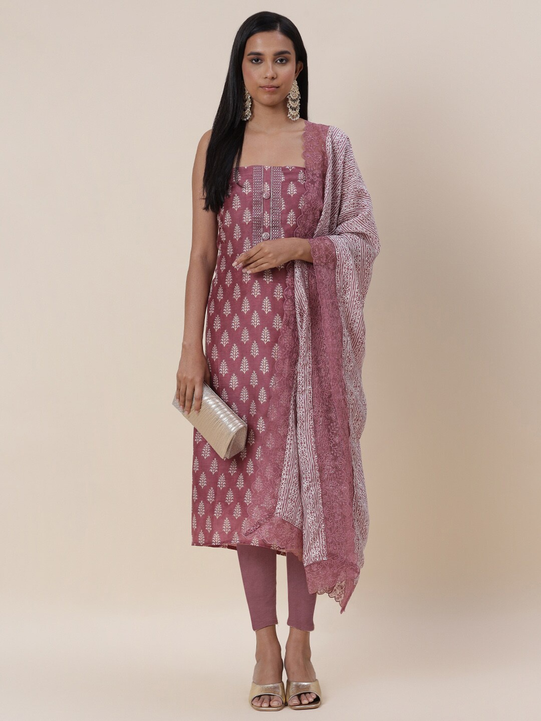 

Meena Bazaar Pink & White Printed Pure Cotton Unstitched Dress Material
