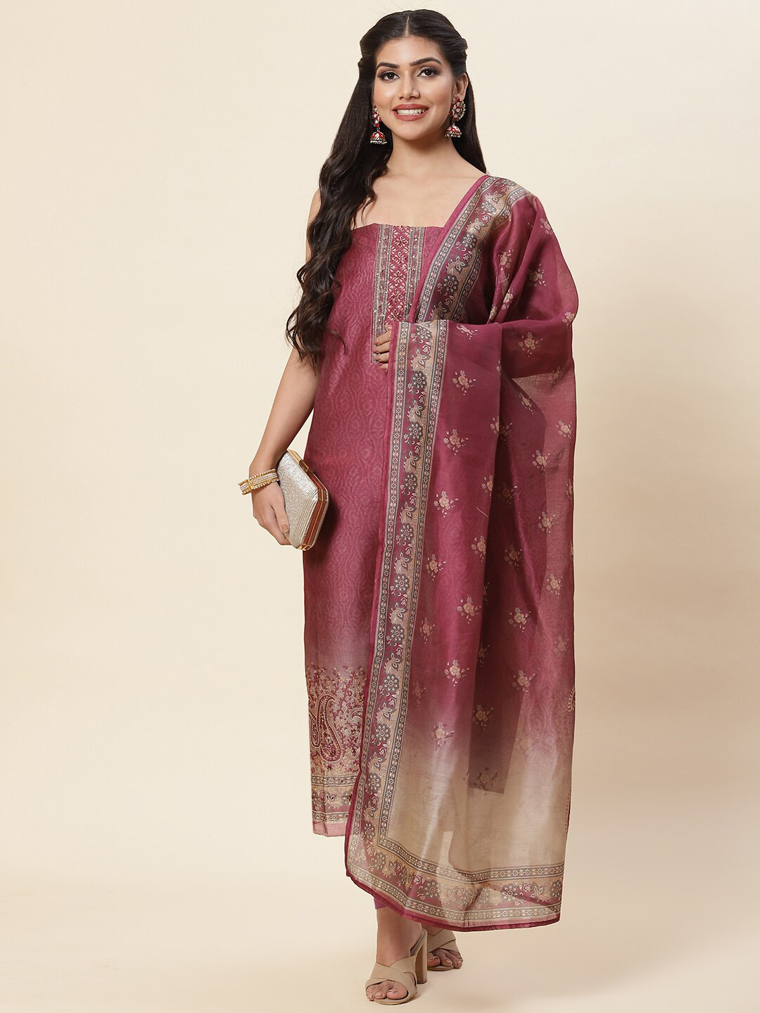 

Meena Bazaar Pink & Grey Embroidered Pure Silk Unstitched Dress Material